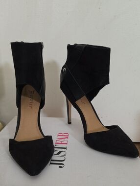 JustFab Black Suede Pointed-Toe Ankle Strap Stiletto Heels